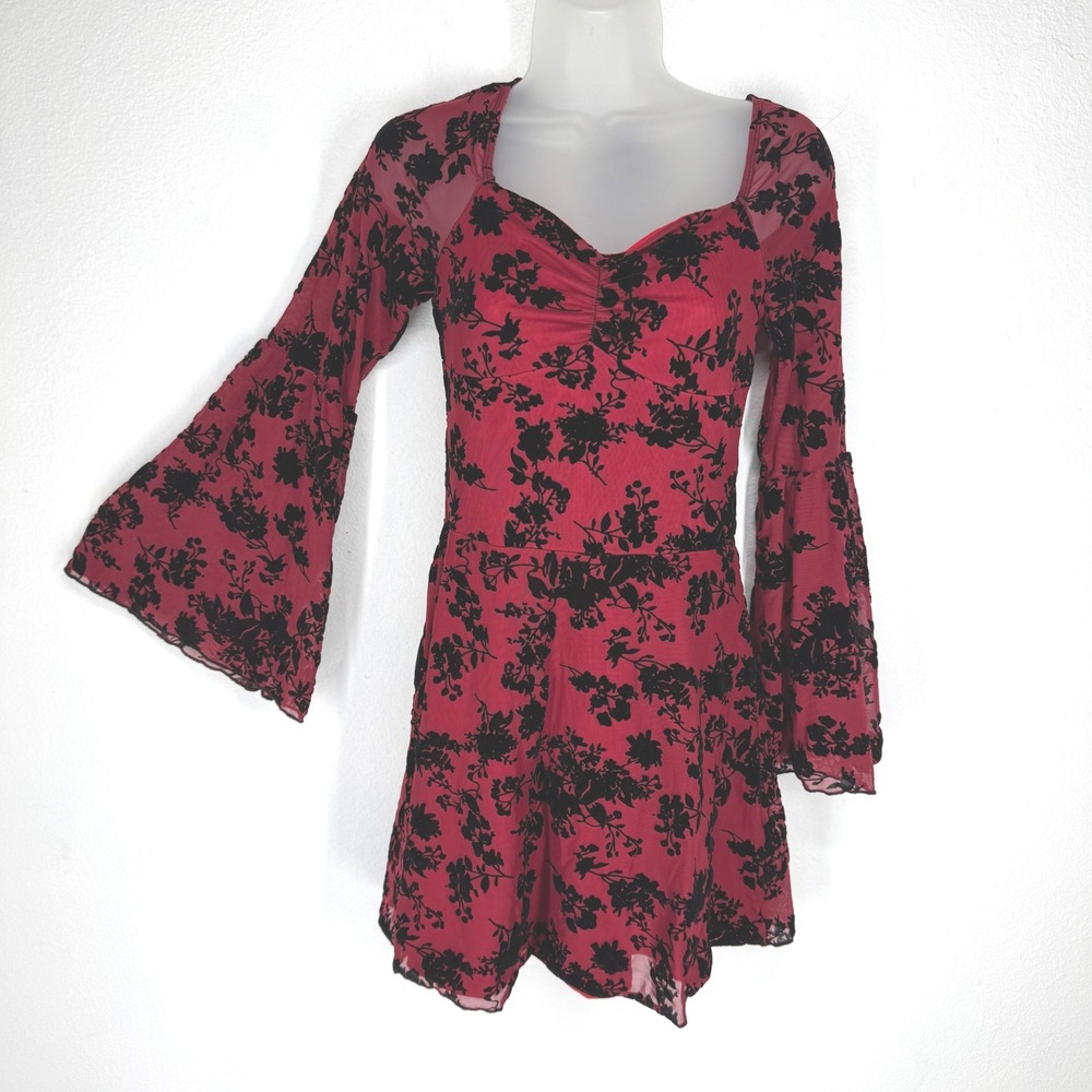Floral Flocked Burnout Velvet Mesh Bell Sleeve‎ Mini Dress XS Gothic Sweetheart